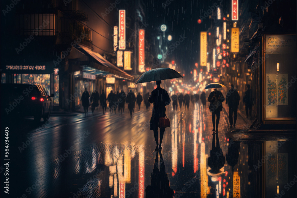 Scene Tokyo city at night with rain, people walk, umbrella, Generative AI