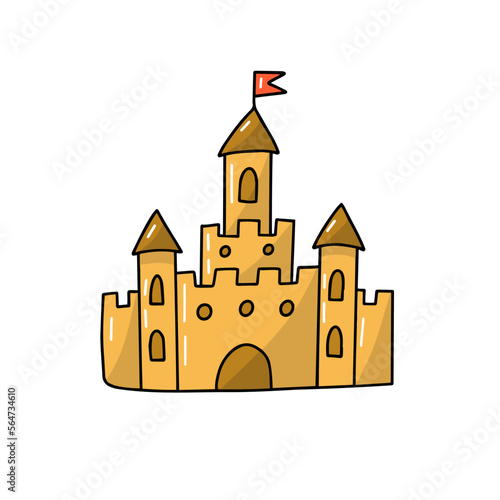 Drawing cute illustration sand castle beach game play child have fun building relax resort flat doodle style isolated on white background