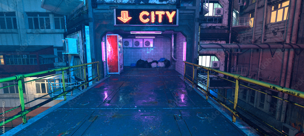 Photorealistic 3d illustration of the Dark futuristic cyberpunk city urban landscape at neon night. Empty street with neon lights. Beautiful night cityscape. Photorealistic 3d illustration of the Dark futuristic cyberpunk city urban landscape at neon night. Empty street with neon lights. Beautiful night cityscape.