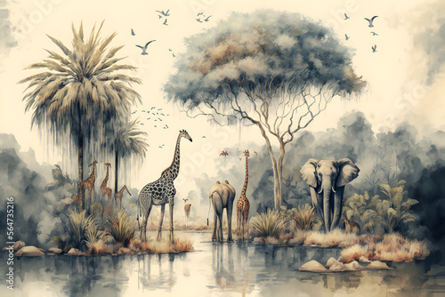  Watercolor painting style  high quality digital art  landscape on an African tropical jungle with trees next to a river with giraffes  elephants and birds in coordinating colors