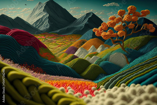 Yarn Fabric, wool and sewing material for crochet of beautiful colorful landscape with rolling hills, mountains, and trees closeup