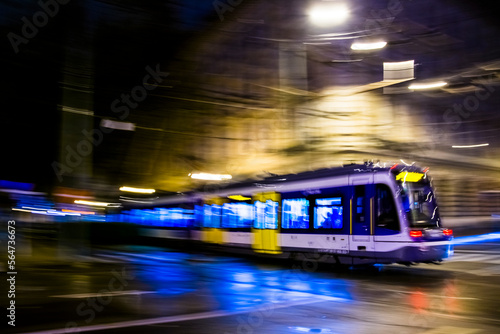 Tram and motion in the street of Szeged at night