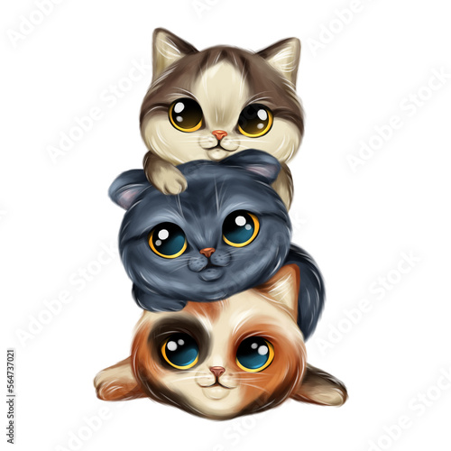 Cute three cats. Hand drawn cat illustration