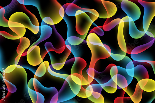 Fluid abstract gradient background. Liquid glowing blob shapes on black background