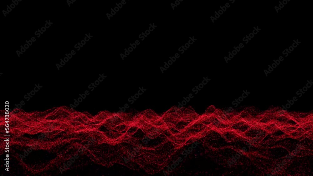 3D Abstract background with waving dotted surface, moving and flickering red particles, lines and stripes. Animation of seamless loop. Etheric field. 3D animation