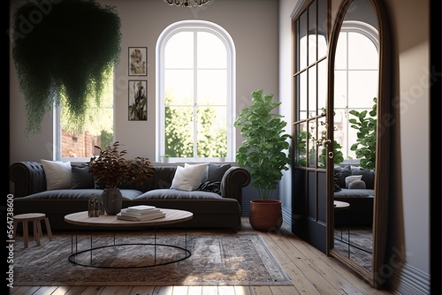 Scandinavian interior style living room with a big carpet, a cozy sofa, a big mirror and potted plants illuminated brightly with sunshine through a big window