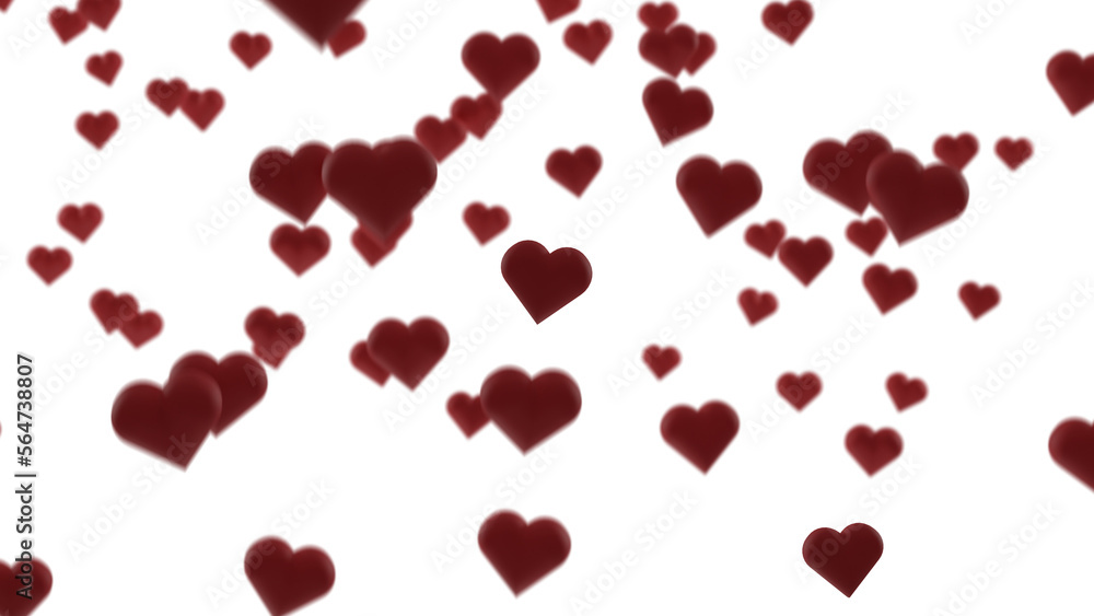 3d red hearts on transparent background with depth of field and motion blur