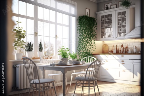 Scandinavian style interior kitchen with natural wood dining table and white color furniture full of tableware and herbs and potted plants illuminated in the morning sunshine through a window © Csaba