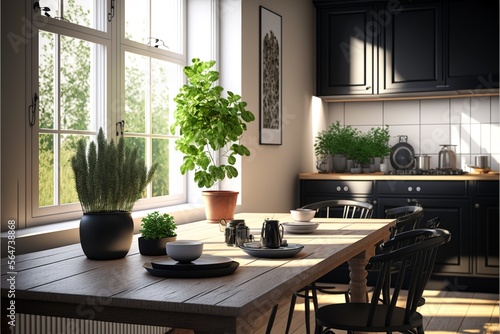 Scandinavian style interior kitchen with natural wood dining table and dark grey color furniture full of tableware and herbs and potted plants illuminated in the morning sunshine through a window