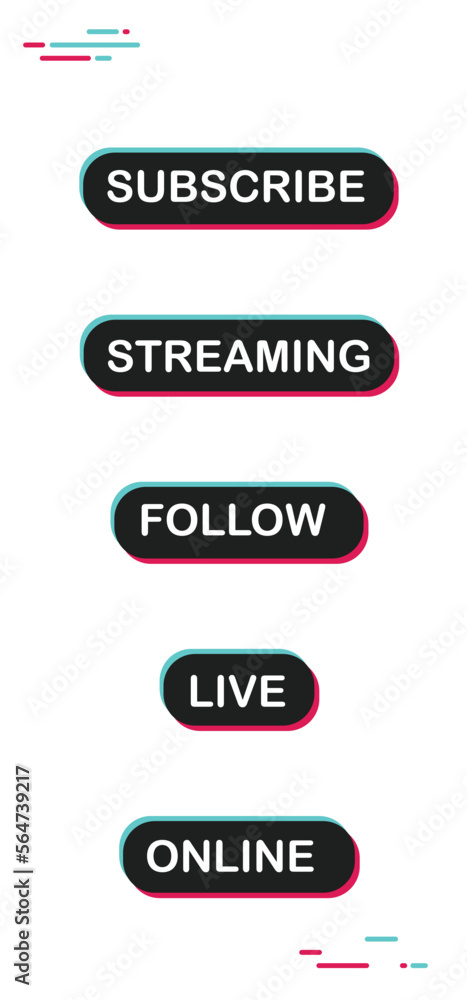Social media call to action buttons. Streaming live online, follow, like and subscribe. Click here. Social media call to action buttons. Streaming live online, follow, like and subscribe. Click here.