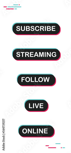 Social media call to action buttons. Streaming live online, follow, like and subscribe. Click here.