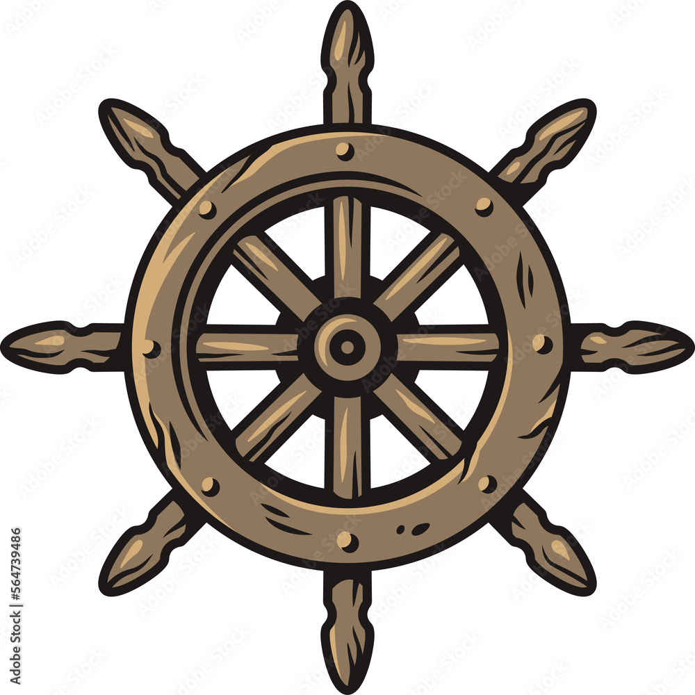 Vector illustration of nautical captain helm. Symbol of sailors, sail