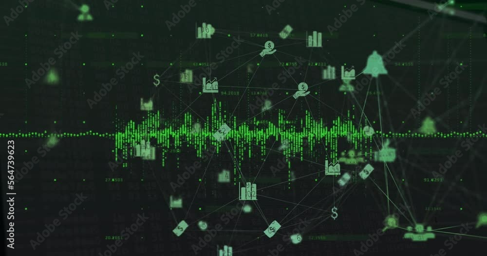 Animation of green soundwaves and multiple icons connected with lines in globe shape over numbers Animation of green soundwaves and multiple icons connected with lines in globe shape over numbers