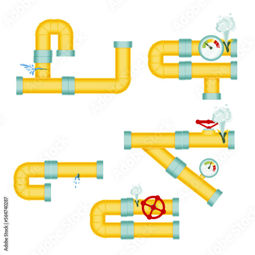 Broken pipes with a leak of steam or lead gas, rupture of the pipeline. Dripping faucet, problems with water supply, broken pipes. Wind illustration isolated on white background.