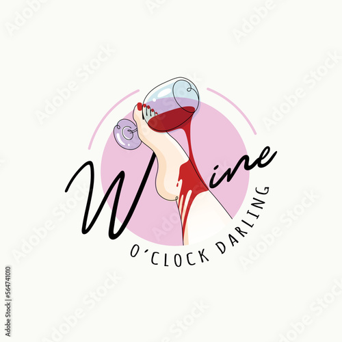 Pretty women's feet with red spilled wine glass emblem. Slogan with wine o'clock darling trendy, elegant, t-shirt illustration. 
