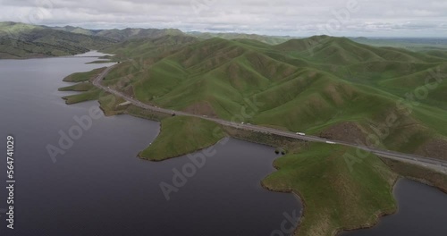 Lake of San Luis Reservoir in Background near Los Banos and Upper Cottonwood Creek Wildlife Area. Highway in Foreground. California. USA photo