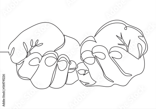 Continuous line drawing. Hands palms together. Support, peace, care hand gesture.Continuous one line drawing. Vector illustration