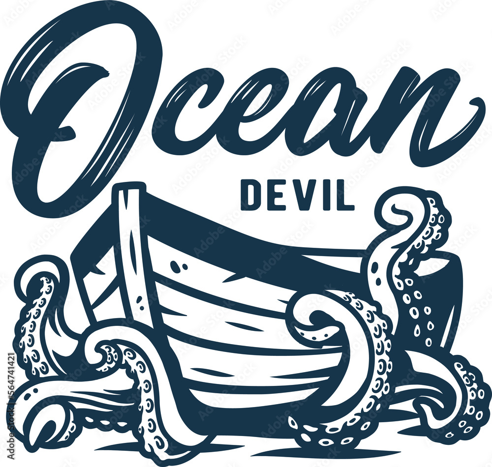 Marine boat and octopus at the sea. Nautical wanderlust and adventure illustration. Ocean devilfish Marine boat and octopus at the sea. Nautical wanderlust and adventure illustration. Ocean devilfish