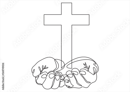 Continuous one line of human hands open palm up therapy bless god helping repent in silhouette. Minimal style.