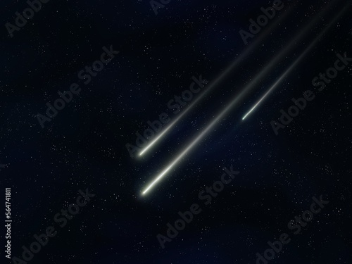 Glowing meteors against the background of stars. Bright flash from three meteorites in the sky.