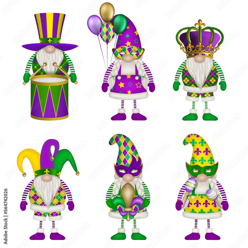 set of mardi gras gnomes. collection of funny gnomes with party elements set of mardi gras gnomes. collection of funny gnomes with party elements