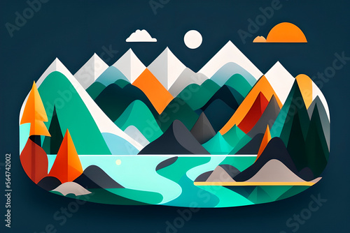 mountain views, abstract mountains. Screensaver in cartoon style, game design. Travel Wallpaper