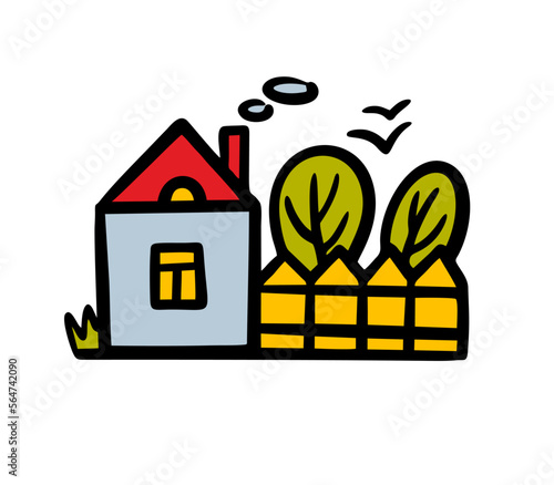Cute rustic house and garden behind a wooden fence in the countryside.