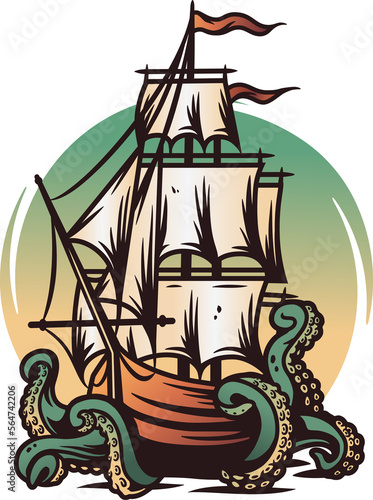 Marine ship and octopus at the sea. Nautical wanderlust and adventure illustration. Ocean devilfish