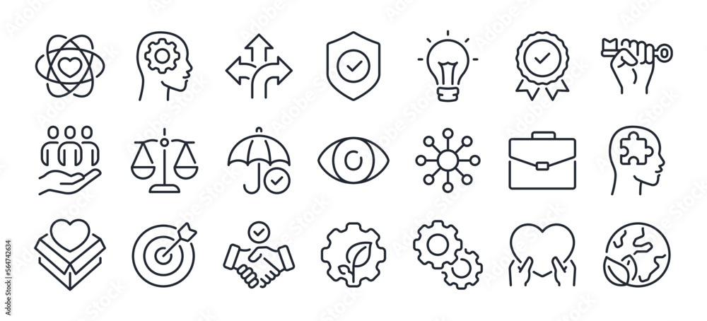 Business ethics and core values editable stroke outline icons set  isolated on white background flat vector illustration. Pixel perfect. 64 x 64. - obrazy, fototapety, plakaty 