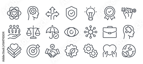 Business ethics and core values editable stroke outline icons set isolated on white background flat vector illustration. Pixel perfect. 64 x 64.
