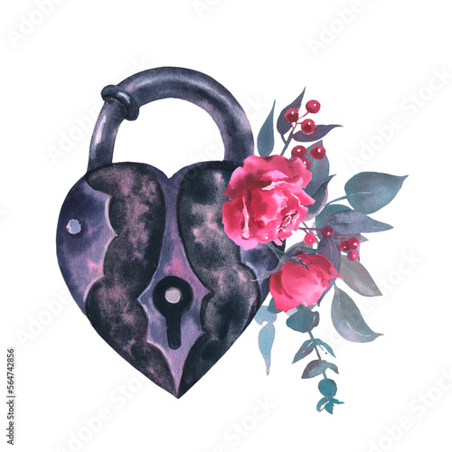 Watercolor illustration of a lock with viva mangenta roses, buds, leaves, eucalyptus,and red berries in vintage style. Cool print on T-shirt, Tattoo, vintage, Valentine day, wedding. photo