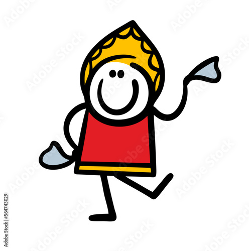 Hand drawn attractive woman in hairdress and red sundress, with handkerchief dancing national russian folk music.