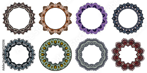 Hand drawn set of decorative round frames for design with floral ornaments. Circle mandala frame. Templates for printing postcards, invitations, books, textiles, yoga, invitation, graphic design