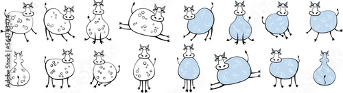Set of farm animals. Children's illustration of cow poses. Cute designs doodle style.
