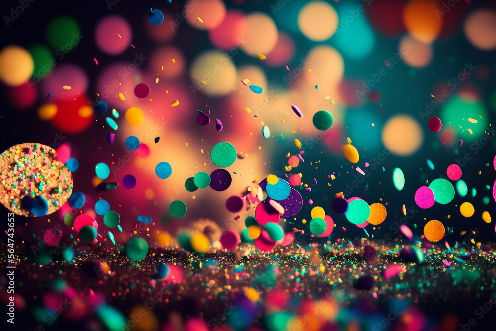 Colorful confetti in front of colorful background with bokeh for carniva