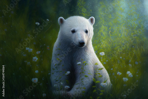 a white bear sitting in the grass, animal, baby, teddy bear, meadow, art illustration  © Oleksandr