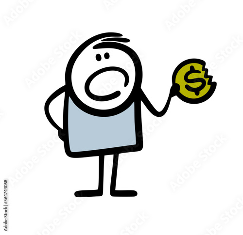 Hand drawn stick figure frightened and dissatisfied man holds in his hand spoiled money with dollar sign.