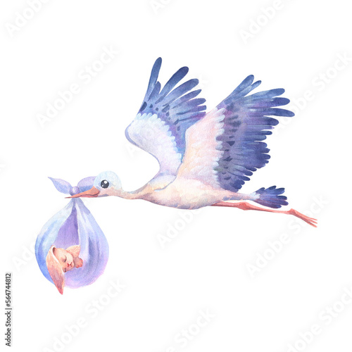 Watercolor hand painted flying white stork with sleeping baby bunny. Hand painted ciconia bird illustration isolated on white background. For design, prints or background, baby shower invitations.