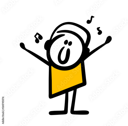 Happy doodle stickman teenager listen to music via headphones and dancing with rising hands.