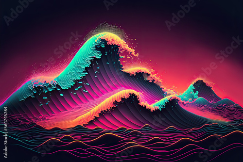 Retro synthwave background in neon colors. Beautiful sea waves in 80s style on sunset background. Generative AI