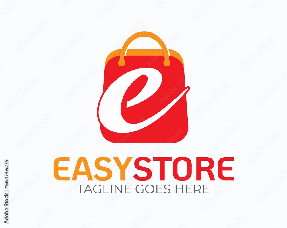 Initial Letter E Logo. Letter E logo on Orange Shopping Bag Vector Illustration isolated on White Background. Use for Online Store Business and Branding Logos. Flat Vector Logo Design EPS Template Initial Letter E Logo. Letter E logo on Orange Shopping Bag Vector Illustration isolated on White Background. Use for Online Store Business and Branding Logos. Flat Vector Logo Design EPS Template