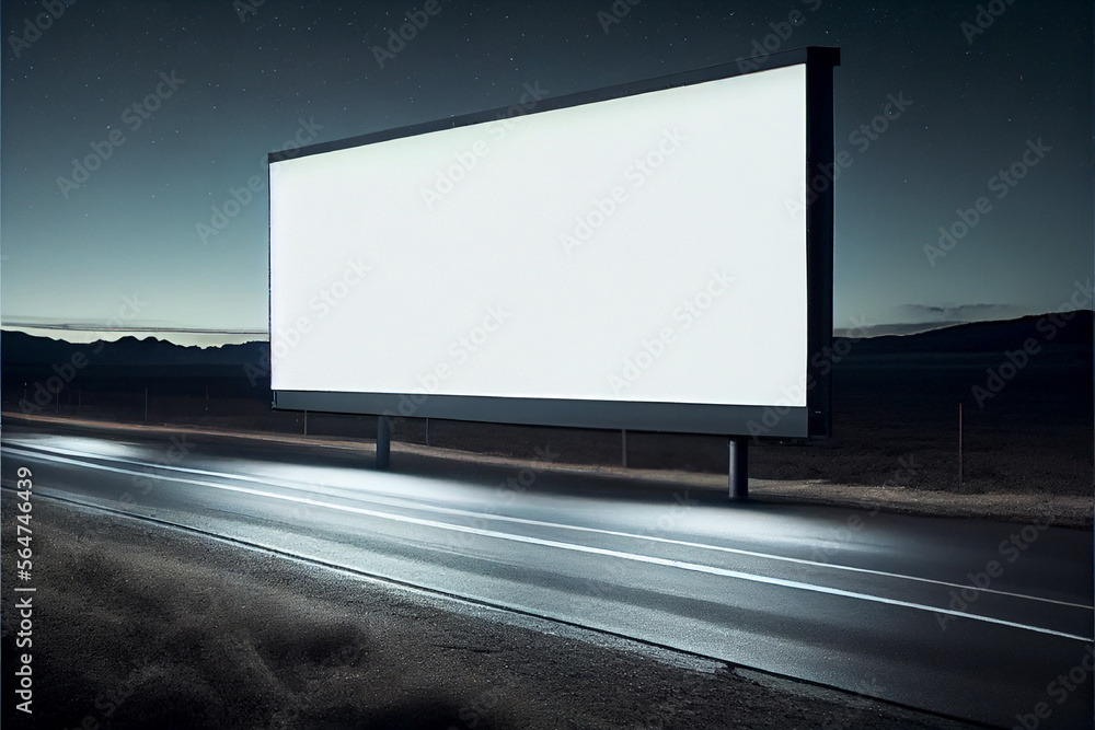 Mockup of a white blank wide billboard for advertisements along the country road at night | Night sky background | Mock-up of a billboard | Generative Ai | Advertising billboard | Horizontal billboard