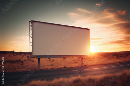 Mockup of a white blank wide billboard for advertisements along the country road at sunset | Sunset background | Mock-up of a billboard | Generative Ai | Advertising billboard | Horizontal billboard
