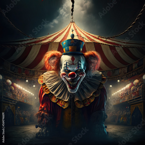 Tablou canvas Circus with terrifying clown created with Generative AI technology