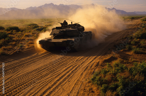 Army tank on dusty road in training exercises in west Texas, Ft. Bliss, El Paso, Texas.