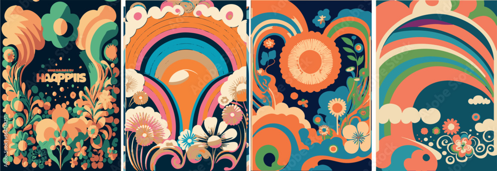 A set of backgrounds for text, psychedelic hippie art, a frame of stylized flowers. - obrazy, fototapety, plakaty 