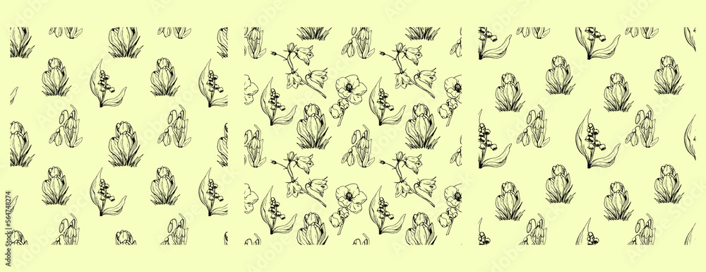 Set of floral patterns. White background. ink. Spring. Seamless vector pattern. Crocus. Lily of the valley. Primroses. Sketch. Fabric print. Spring flowers. April. May. Set of floral patterns. White background. ink. Spring. Seamless vector pattern. Crocus. Lily of the valley. Primroses. Sketch. Fabric print. Spring flowers. April. May.