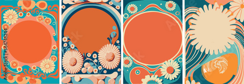 A set of backgrounds for text, psychedelic hippie art, a frame of stylized flowers.