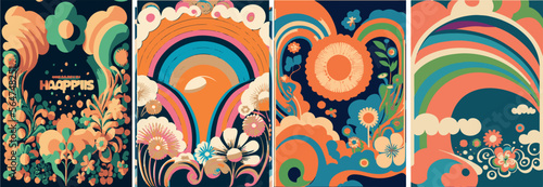 A set of backgrounds for text, psychedelic hippie art, a frame of stylized flowers.