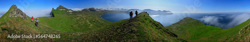 360 degree pano of backpackers overlooking Hornvik bay, Hornstrandir Peninsula, Iceland photo